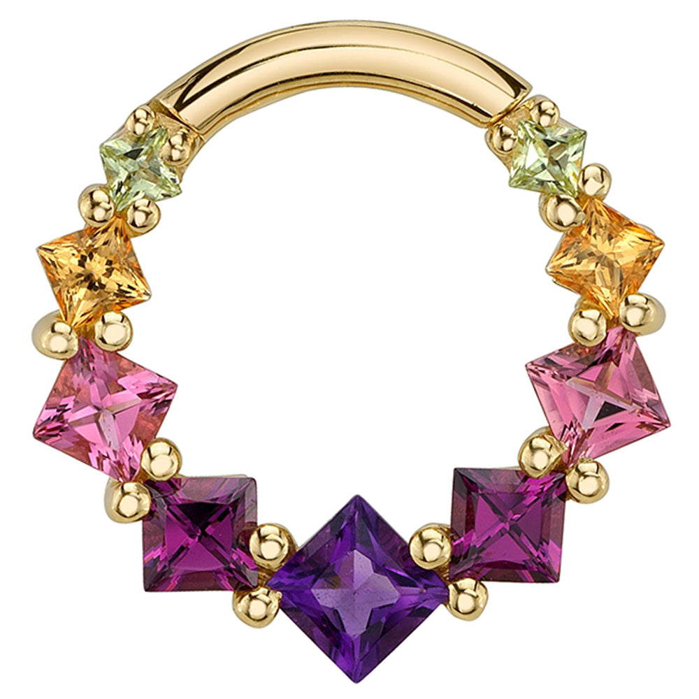 Graduating Tiffany Hinge Ring in Gold with Amethyst, Rhodolite, Pink Tourmaline, Honey Topaz & Peridot