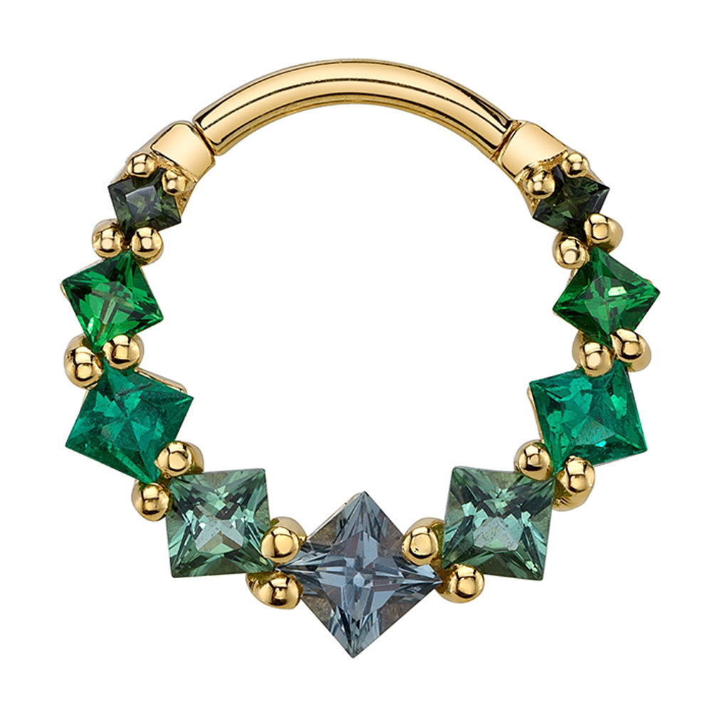 Graduating Tiffany Hinge Ring in Gold with Grey Sapphire, Seafoam Tourmaline, Emerald, Chrome Tsavorite & Green Tourmaline