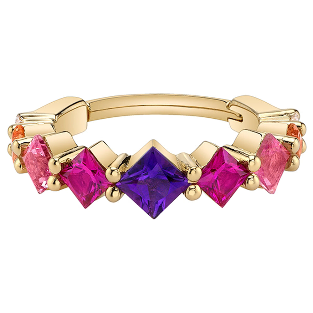 Graduating Tiffany Hinge Ring in Gold with Amethyst, Hot Pink Sapphire, Pink Topaz, Peach Topaz & Diamonds