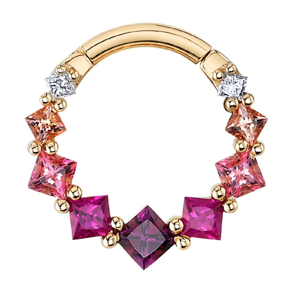 Graduating Tiffany Hinge Ring in Gold with Rhodolite, Hot Pink Sapphire, Pink Topaz, Peach Topaz & Diamonds