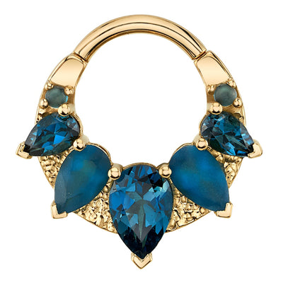 "Penny" Hinge Ring in Gold with London Blue Topaz' with Alternating Sandblasted Gems