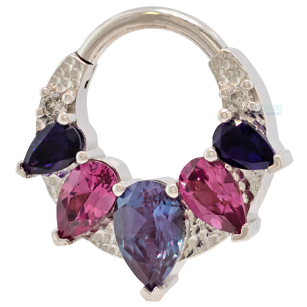 "Penny" Hinge Ring in Gold & Platinum with Chatham Alexandrite, Rhodolite, Amethyst & Grey Diamonds