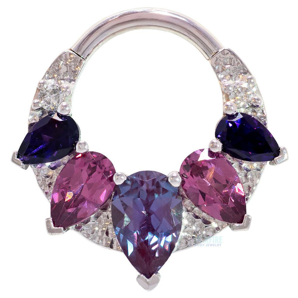 "Penny" Hinge Ring in Gold & Platinum with Chatham Alexandrite, Rhodolite, Amethyst & Grey Diamonds