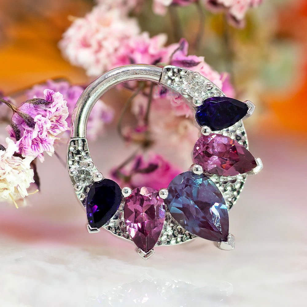 "Penny" Hinge Ring in Gold & Platinum with Chatham Alexandrite, Rhodolite, Amethyst & Grey Diamonds