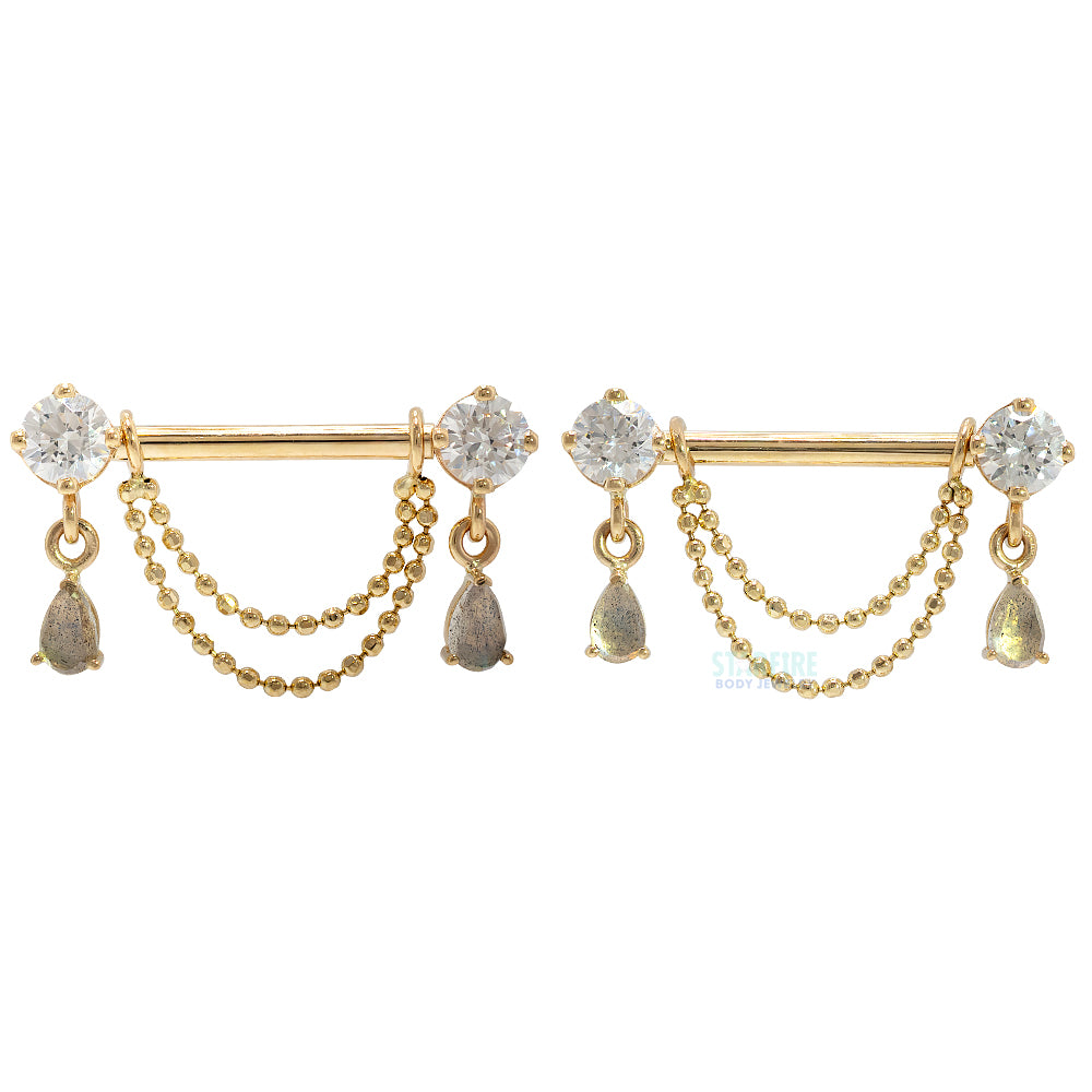 "Antoinette" Forward Facing Nipple Barbells With Chains in Gold & Platinum with White CZ's & Rose Cut Labradorite