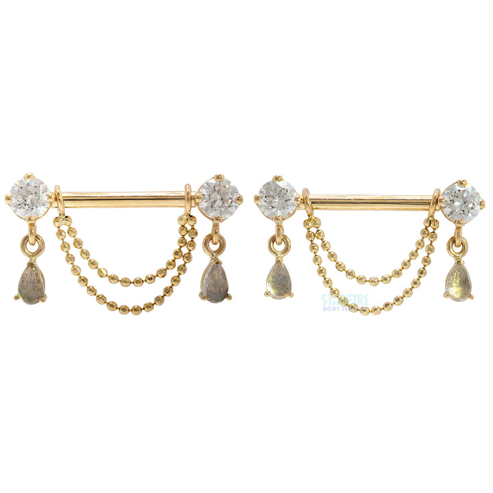 "Antoinette" Forward Facing Nipple Barbells With Chains in Gold & Platinum with White CZ's & Rose Cut Labradorite