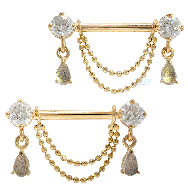 "Antoinette" Forward Facing Nipple Barbells With Chains in Gold & Platinum with White CZ's & Rose Cut Labradorite