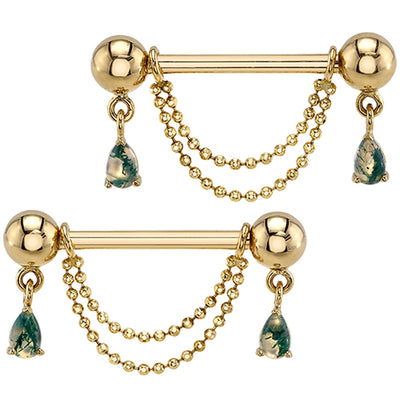 "Antoinette" Forward Facing Nipple Barbells With Chains in Gold & Platinum with Moss Agate