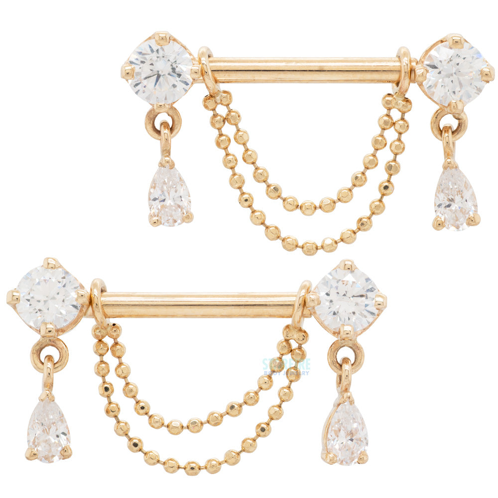 "Antoinette" Forward Facing Nipple Barbells With Chains in Gold & Platinum with White CZ's