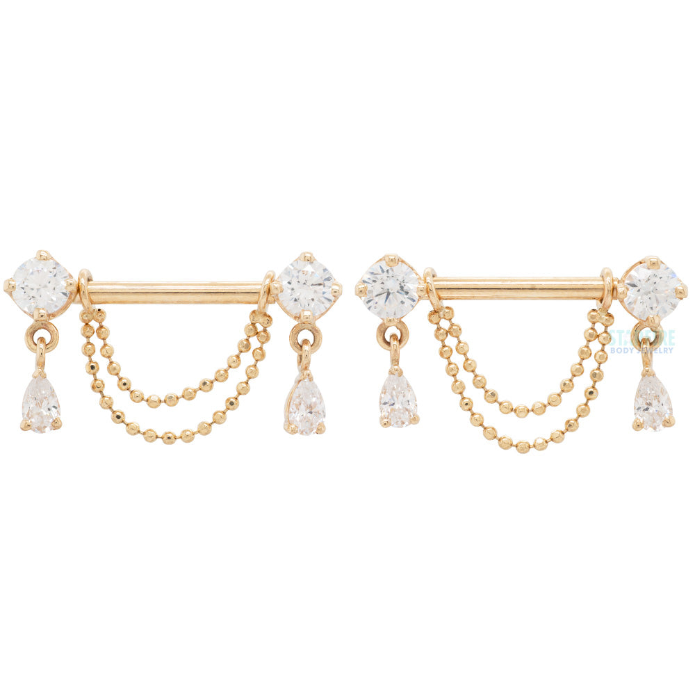 "Antoinette" Forward Facing Nipple Barbells With Chains in Gold & Platinum with White CZ's