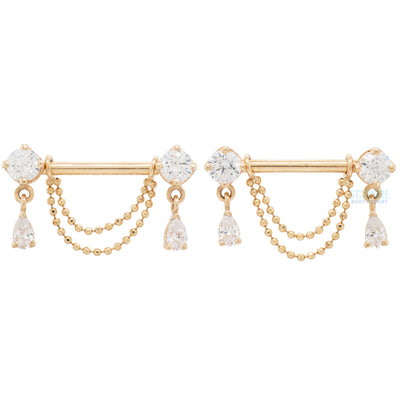 "Antoinette" Forward Facing Nipple Barbells With Chains in Gold with White CZ's