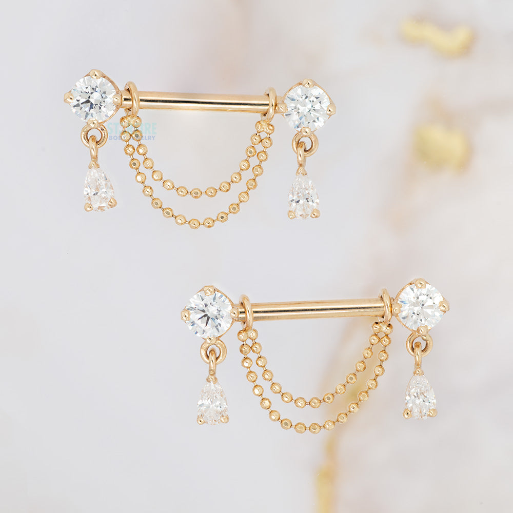 "Antoinette" Forward Facing Nipple Barbells With Chains in Gold & Platinum with White CZ's