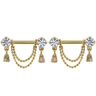 "Antoinette" Forward Facing Nipple Barbells With Chains in Gold with White CZ's & Rose Cut Labradorite