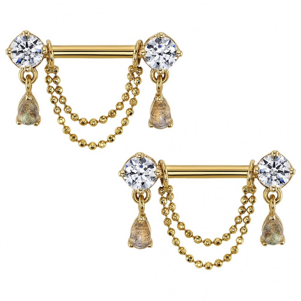 "Antoinette" Forward Facing Nipple Barbells With Chains in Gold with White CZ's & Rose Cut Labradorite