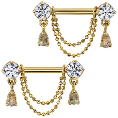 "Antoinette" Forward Facing Nipple Barbells With Chains in Gold with White CZ's & Rose Cut Labradorite