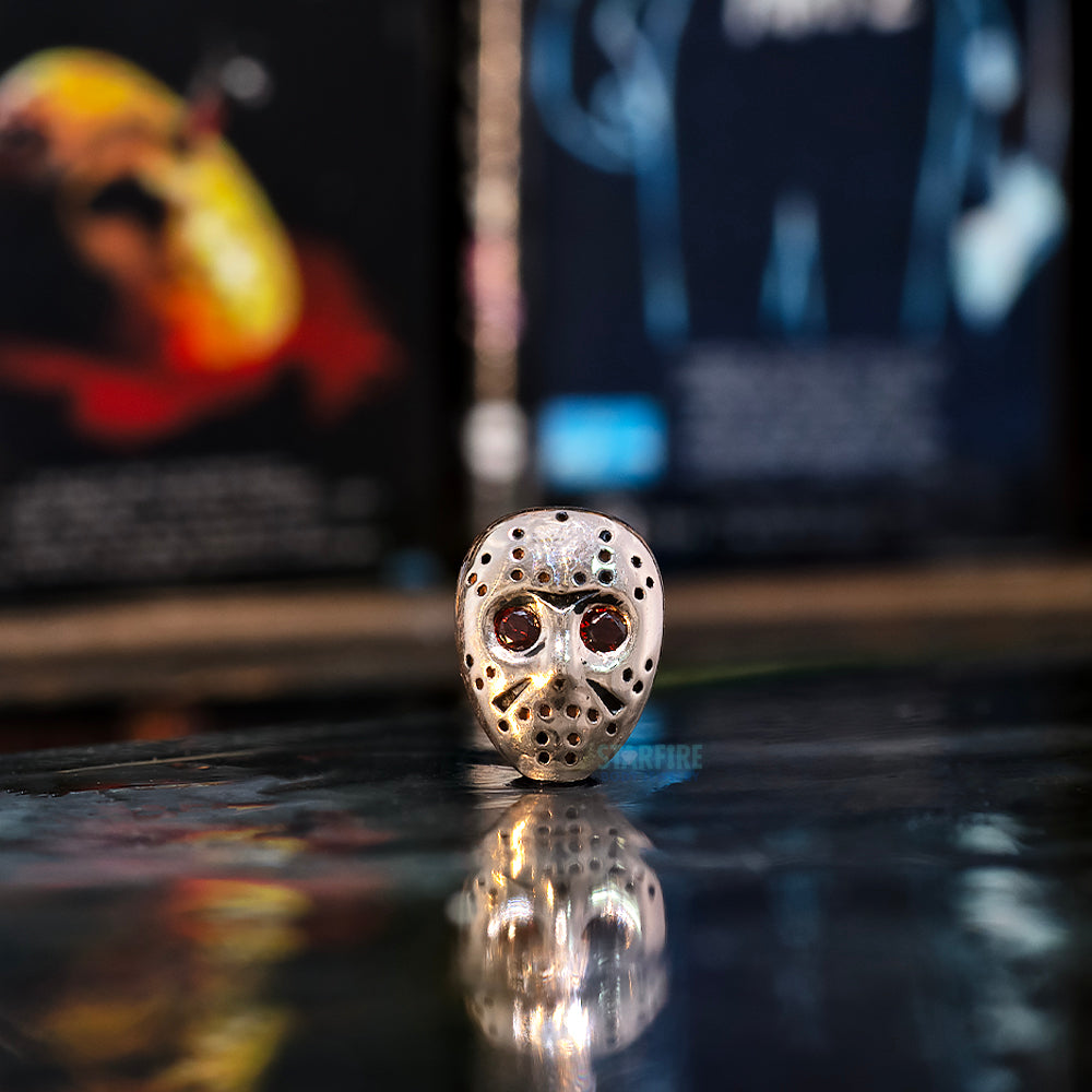 "Mama's Boy Hockey Mask" Threaded End in Gold & Platinum with Garnet