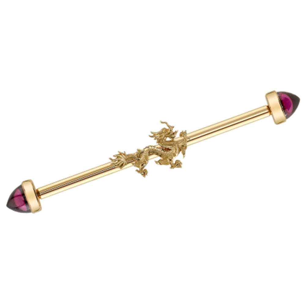 "Fei Long" Industrial Barbell in Gold with Rhodolite Bullets