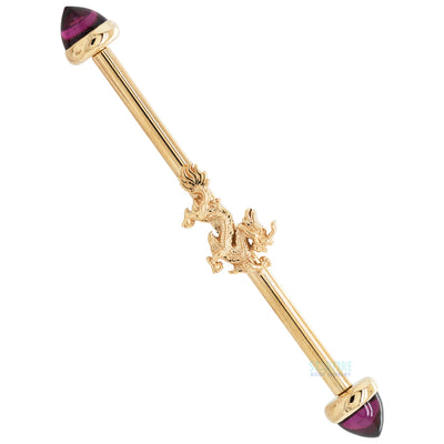 "Fei Long" Industrial Barbell in Gold with Rhodolite Bullets