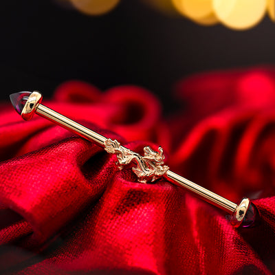 "Fei Long" Industrial Barbell in Gold with Rhodolite Bullets