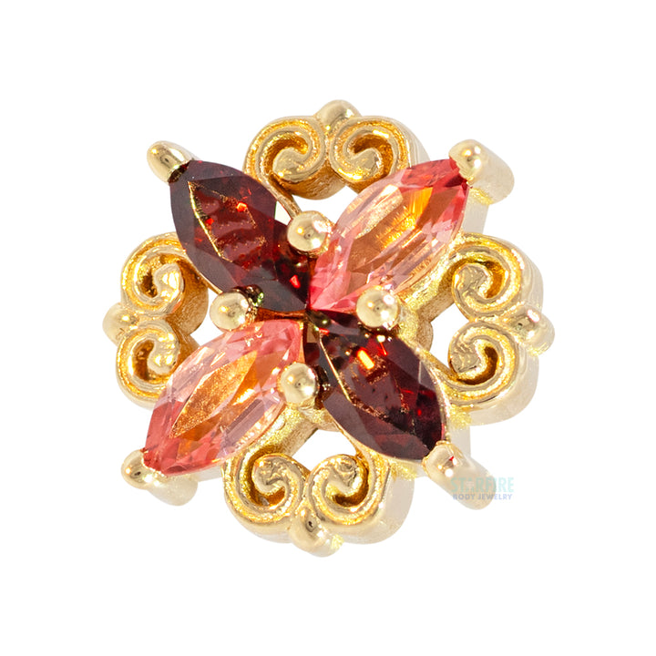 "Lamia Marquise Cluster" Threaded End in Gold & Platinum with Padparadscha Sapphire & Garnet