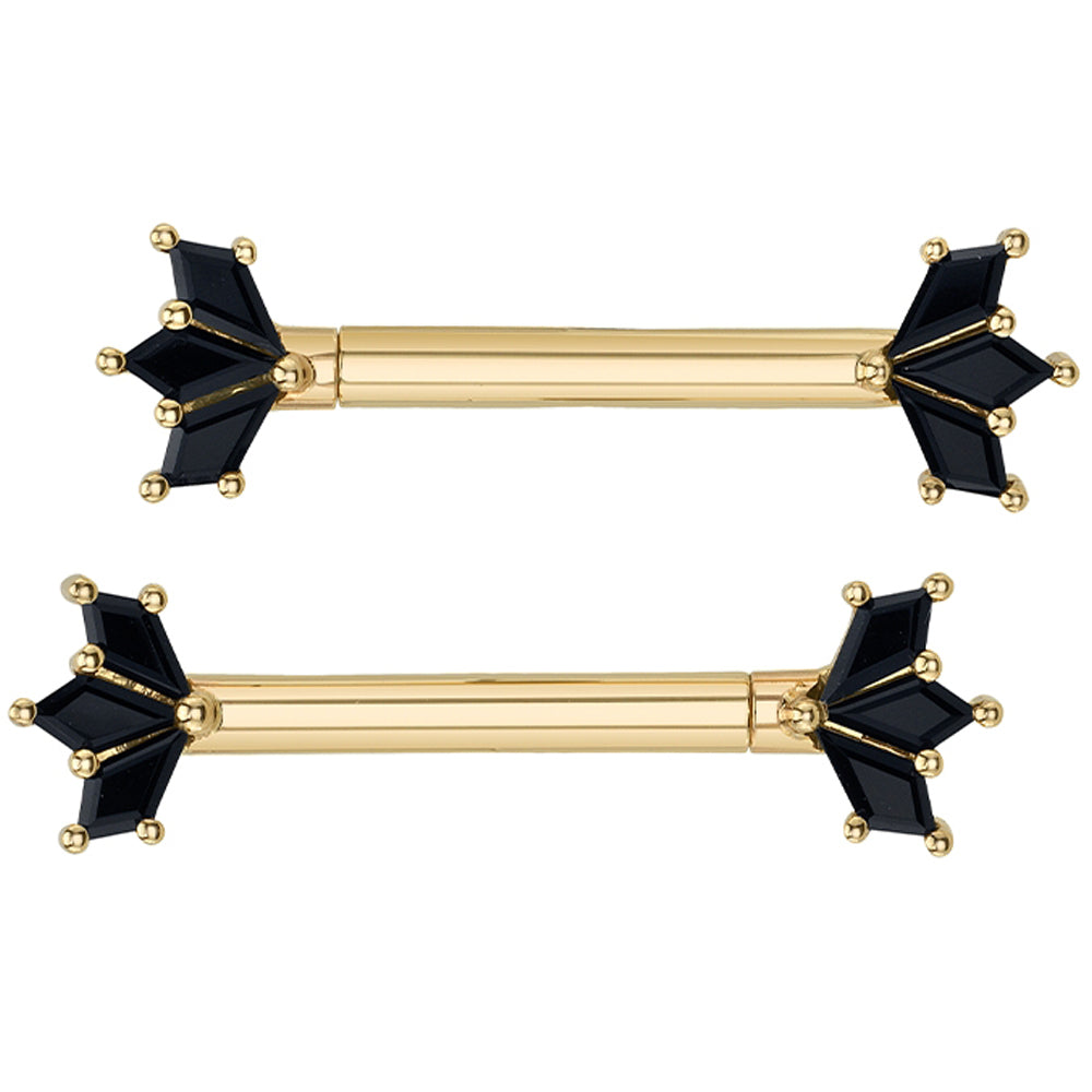 "Daydream" Forward Facing Nipple Barbells in Gold with Onyx