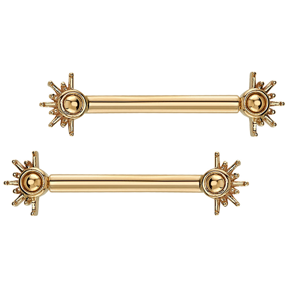 "Live to Tell" Forward Facing Nipple Barbells in Gold with Gold Beads
