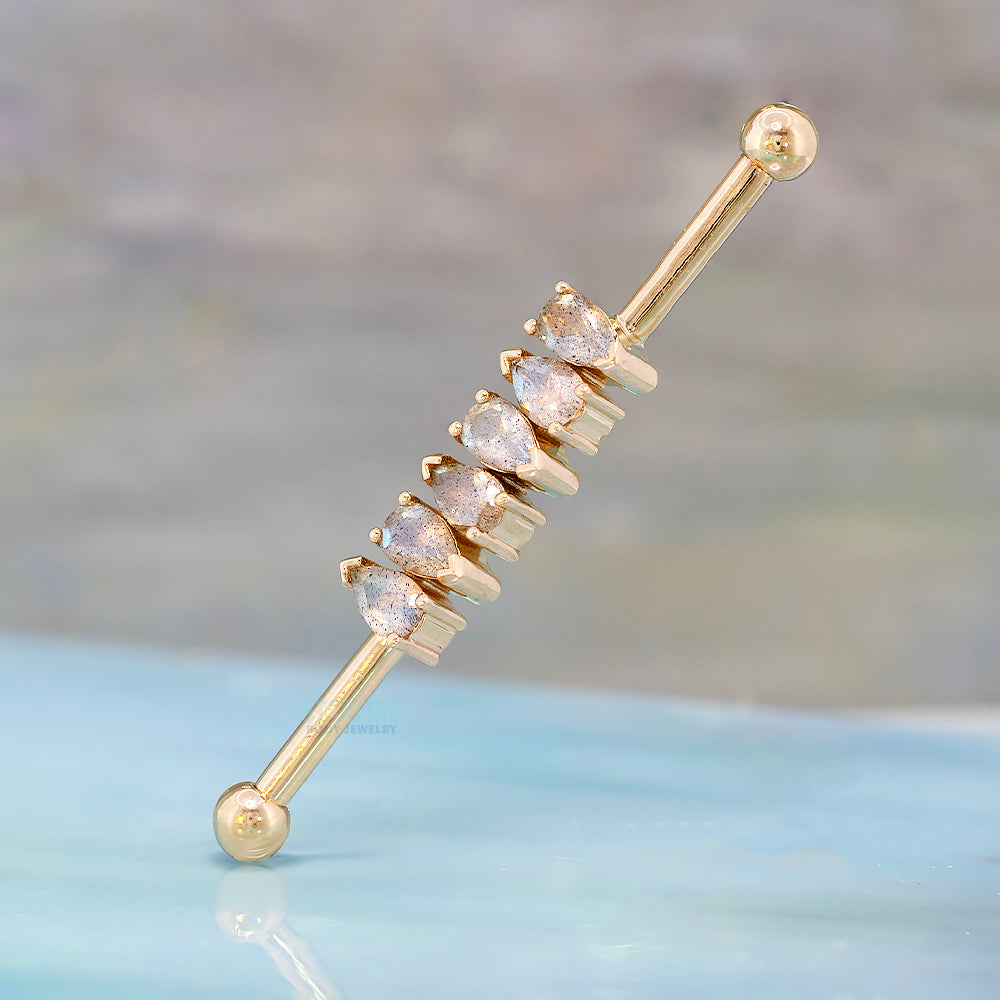 "Freyja" Industrial Barbell in Gold with Faceted Labradorite