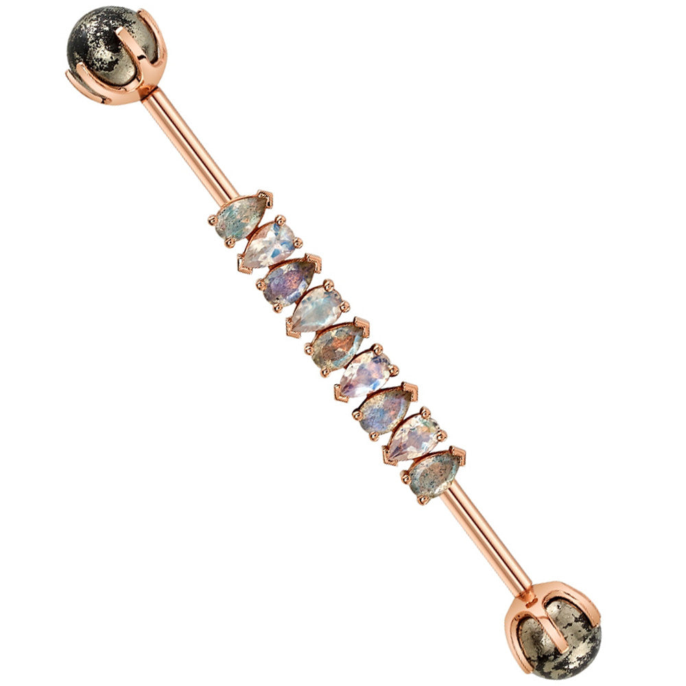 "Freyja" Industrial Barbell in Gold with Rainbow Moonstone, Labradorite & Pyrite