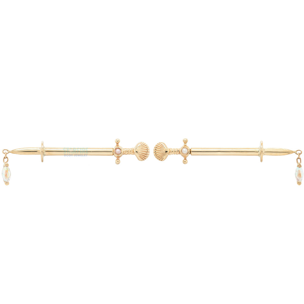 "Siren's Kiss" Forward Facing Nipple Barbells in Gold & Platinum with Pearl & Mercury Mist Topaz