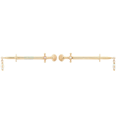 "Siren's Kiss" Forward Facing Nipple Barbells in Gold with Pearl & Mercury Mist Topaz