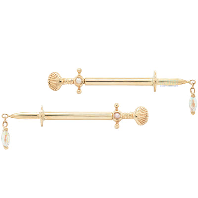 "Siren's Kiss" Forward Facing Nipple Barbells in Gold with Pearl & Mercury Mist Topaz