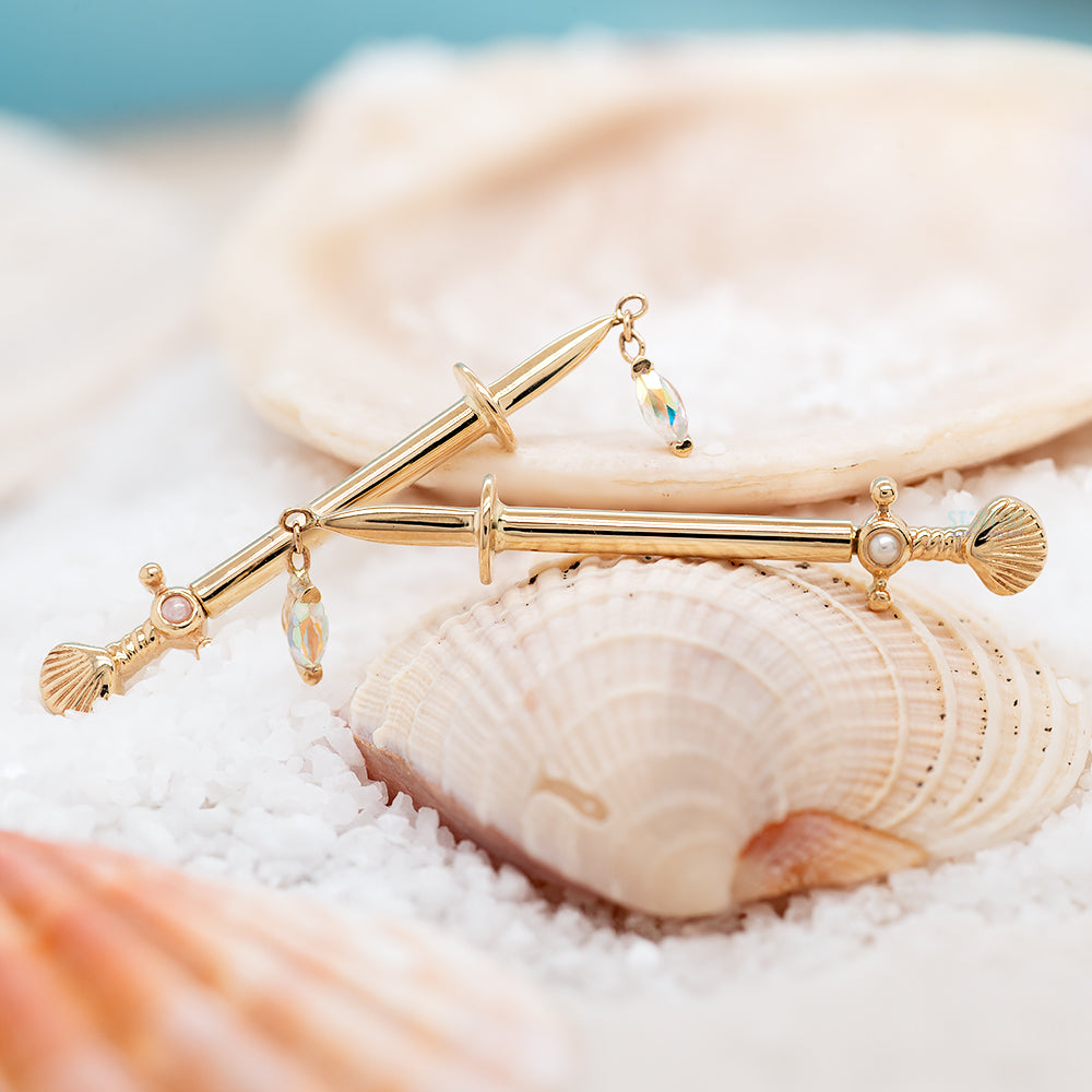 "Siren's Kiss" Forward Facing Nipple Barbells in Gold & Platinum with Pearl & Mercury Mist Topaz