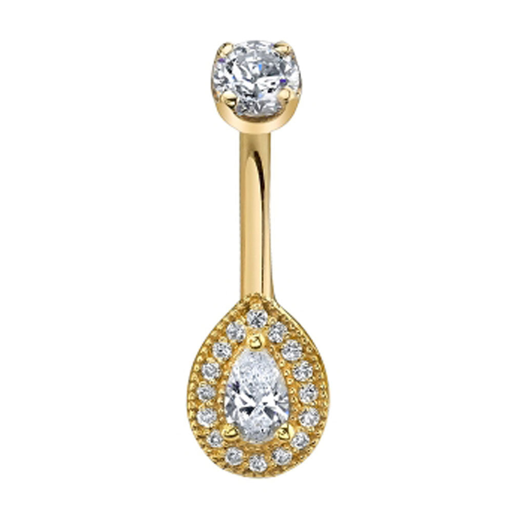 "Pear Halo" Navel Curve in Gold with White CZ's