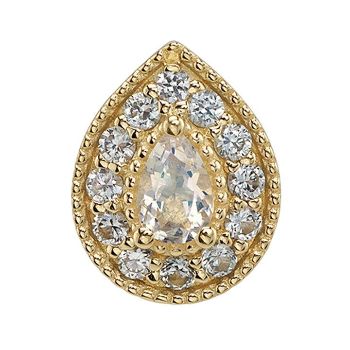 Tiny "Pear Halo" Threaded End in Gold & Platinum with Rainbow Moonstone & Grey Sapphires