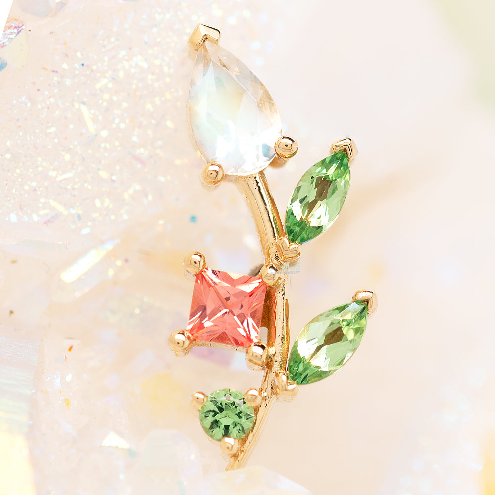 "Jasmine" Threaded End in Gold with Rainbow Moonstone, Padparadscha Sapphire & Tsavorite