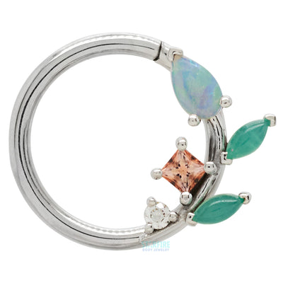 "Jasmine" Seam Ring in Gold with Diamond, Chrysoprase, Peach Topaz & Genuine White Opal