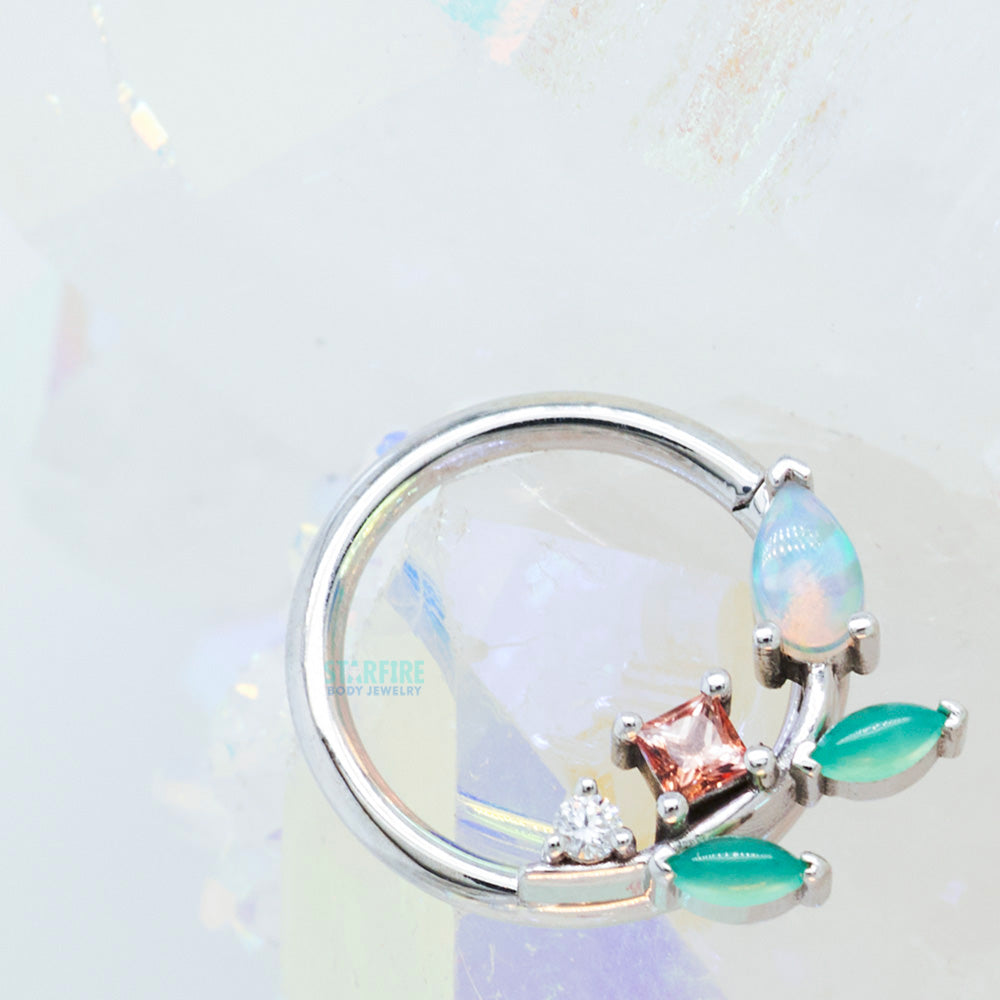 "Jasmine" Seam Ring in Gold with Diamond, Chrysoprase, Peach Topaz & Genuine White Opal