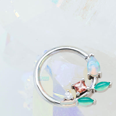 "Jasmine" Seam Ring in Gold with Diamond, Chrysoprase, Peach Topaz & Genuine White Opal
