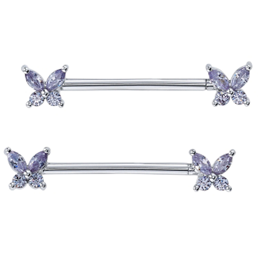 "Monarch" Forward Facing Nipple Barbells in Gold with Lavender CZ's