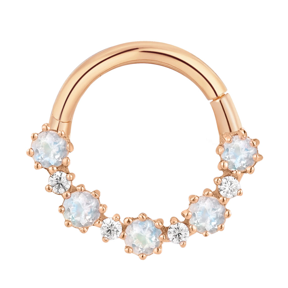 "Ariana" Hinge Ring / Clicker in Gold with Rainbow Moonstone & CZ's