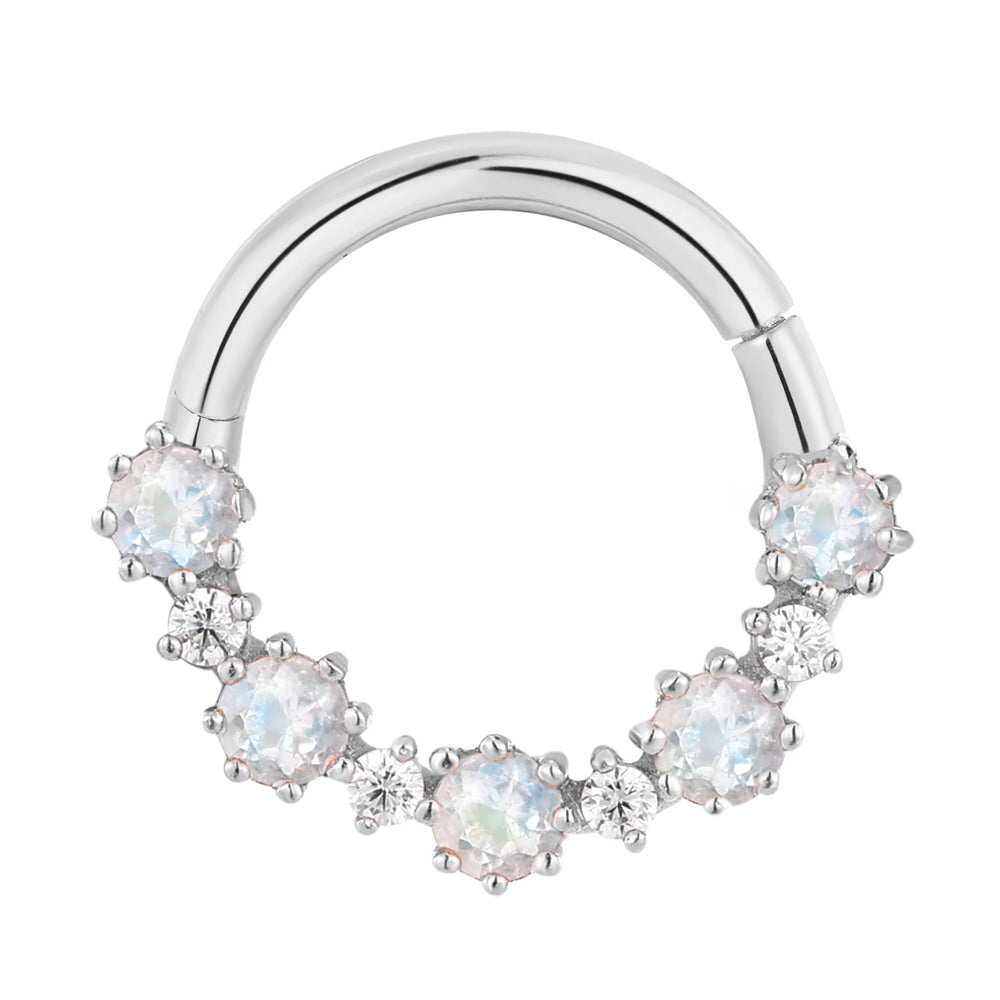 "Ariana" Hinge Ring / Clicker in Gold with Rainbow Moonstone & CZ's