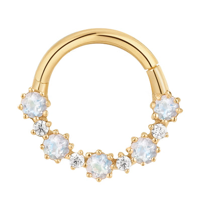 "Ariana" Hinge Ring / Clicker in Gold with Rainbow Moonstone & CZ's