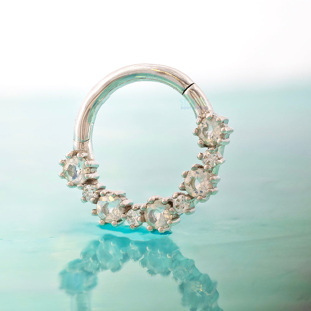 "Ariana" Hinge Ring / Clicker in Gold with Rainbow Moonstone & CZ's