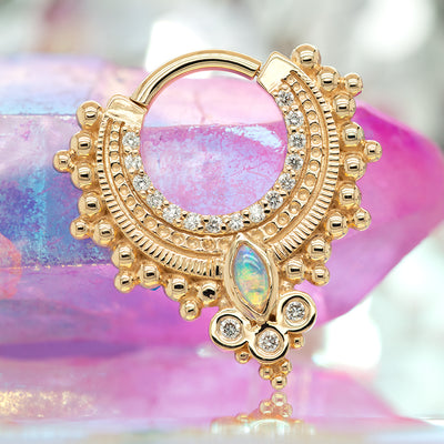 "Dionysus" Hinge Ring in Gold with DIAMONDS & Genuine White Opal