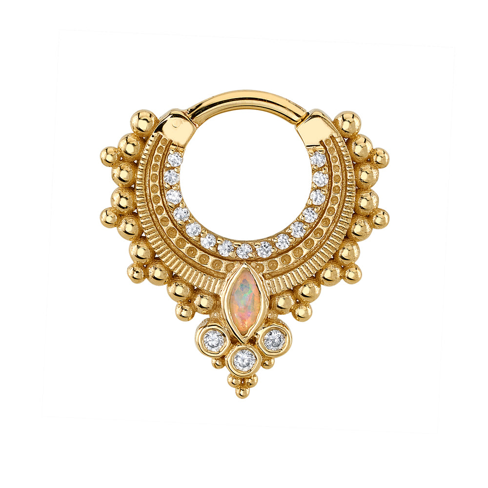 "Dionysus" Hinge Ring in Gold with DIAMONDS & Genuine White Opal