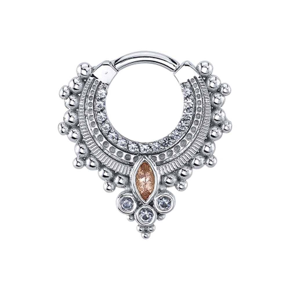 "Dionysus" Hinge Ring in Gold with Grey CZ's & Oregon Sunstone