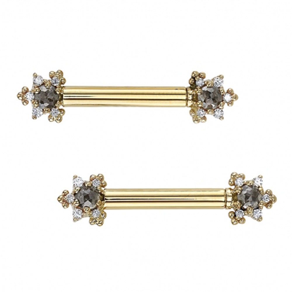 "Bayle" Forward Facing Nipple Barbells in Gold with Rose Cut Grey Diamond & DIAMONDS