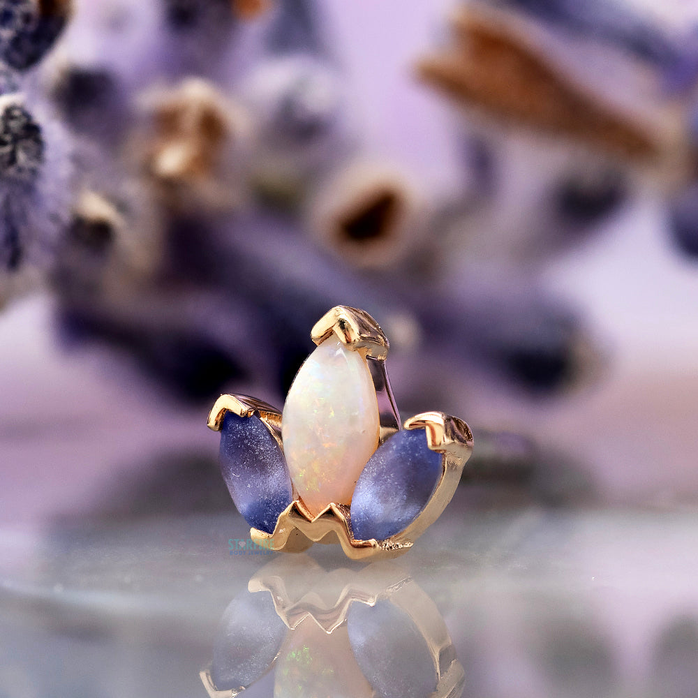 "Mini AJ" & "AJ" Threaded End in Gold & Platinum with SANDBLASTED Tanzanite & Genuine White Opal