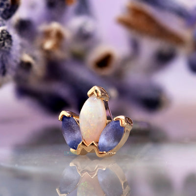 "Mini AJ" & "AJ" Threaded End in Gold & Platinum with SANDBLASTED Tanzanite & Genuine White Opal