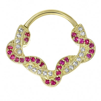 "Proteus" Hinge Ring in Gold with White Diamond & Rubies